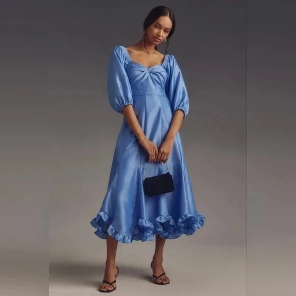 Hutch Dresses & Skirts - Anthropologie Hutch Twist-Front Puff-Sleeve Ruffle-Hem Midi Dress Sky Blue XS